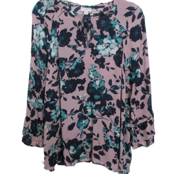 J. Jill Pink Floral Rayon Long Bell Sleeve Tie Neck Top Size L - Picture 11 of 12